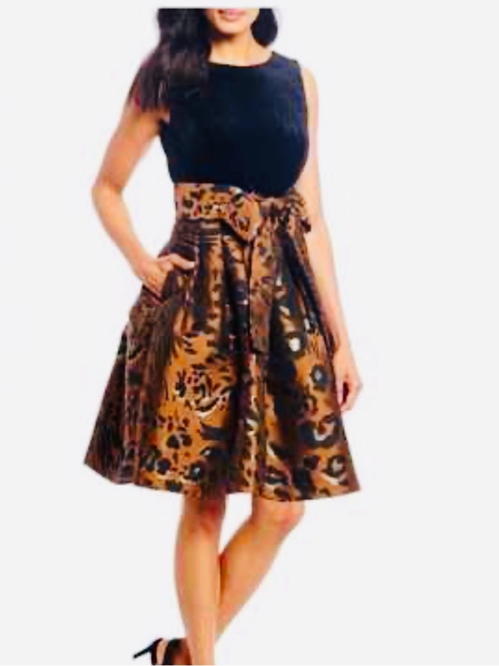 Tahari Velvet Black Bodice Brown Floral A Line Dress with Waist Tie